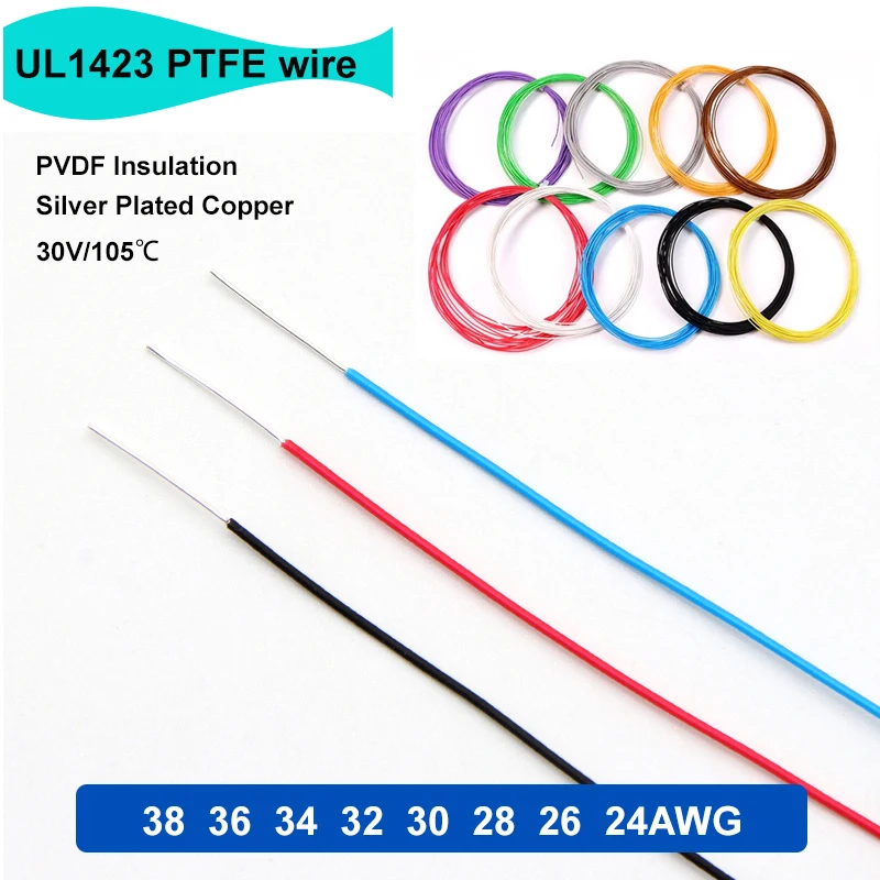 5/10/20/50M UL1423 PTFE Micro Fine Wire 38~24AWG PVDF Micro Fine High Temperature Single Core Silver Plated Copper Cable