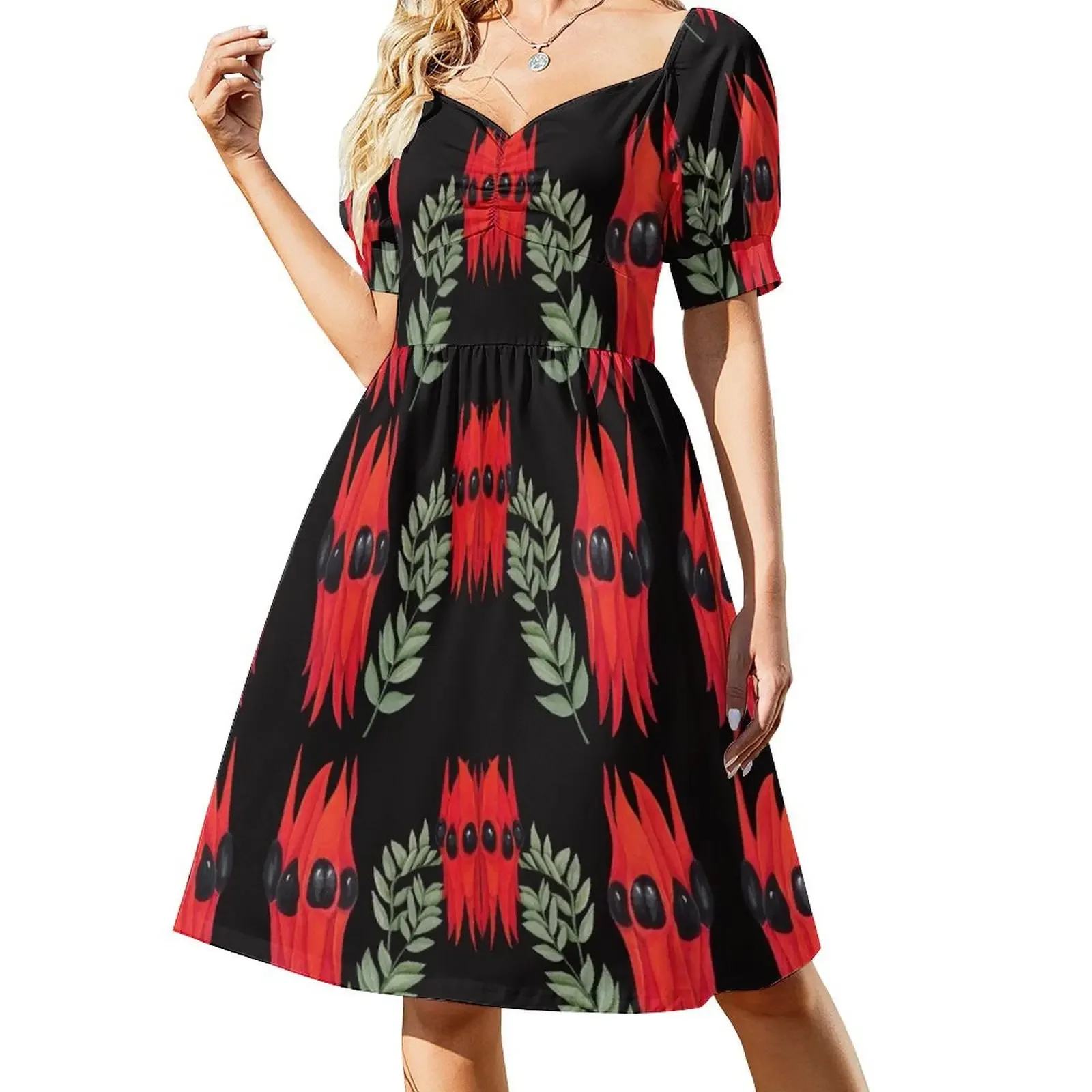 

Sturt's Desert Pea black pattern Short-Sleeved Dress elegant women's sets women party dresses