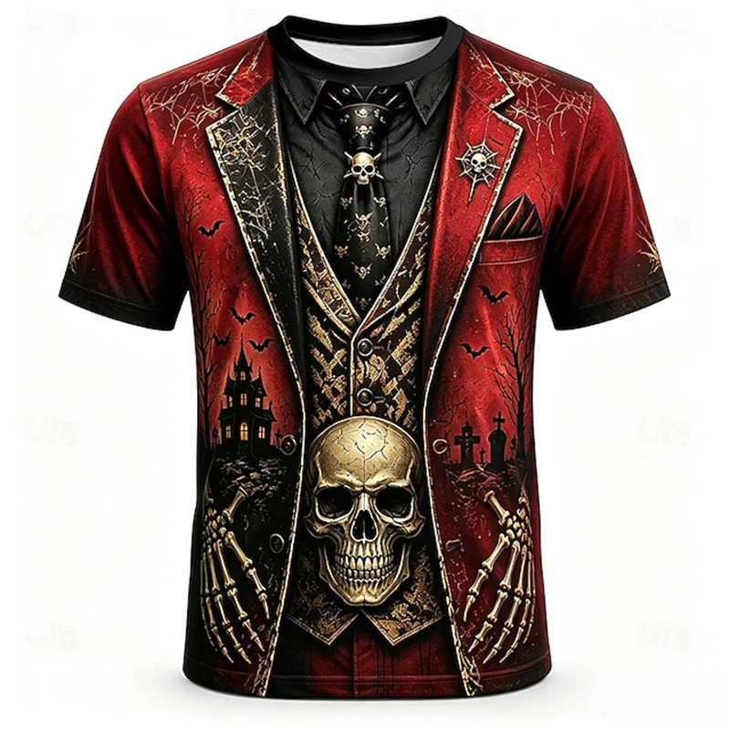 Halloween Men's Skeleton Print T-Shirt Count Short-Sleeve T-Shirt 3D Print Crew Neck Shirt Holiday Party Short-Sleeve Shirt