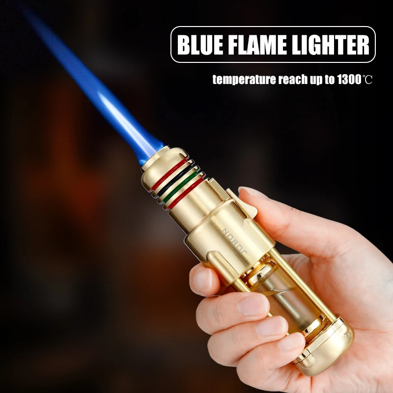 Powerful Blue Flame Cigar Lighter Transparent Gas Chamber Adjustable Flame Size Inflatable Lighter
