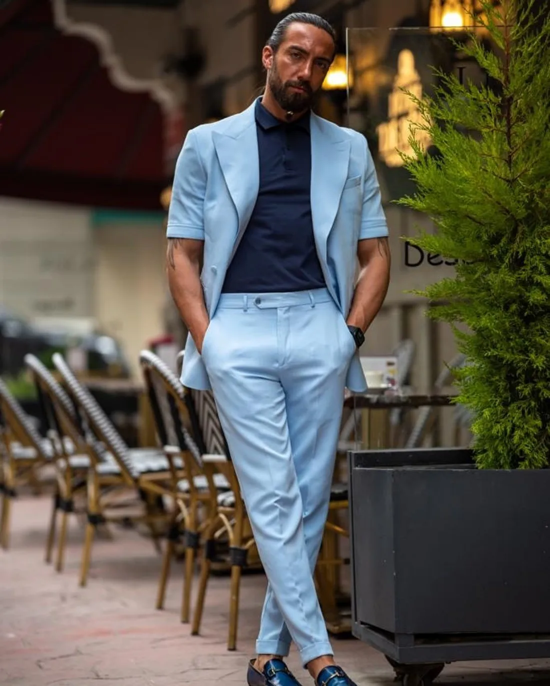 Sky Blue Summer Fashion Short Sleeves Men Suits Single Button Peak Lapel Suit 2 Piece Jacket& Pants Male Clothing Daily Casual