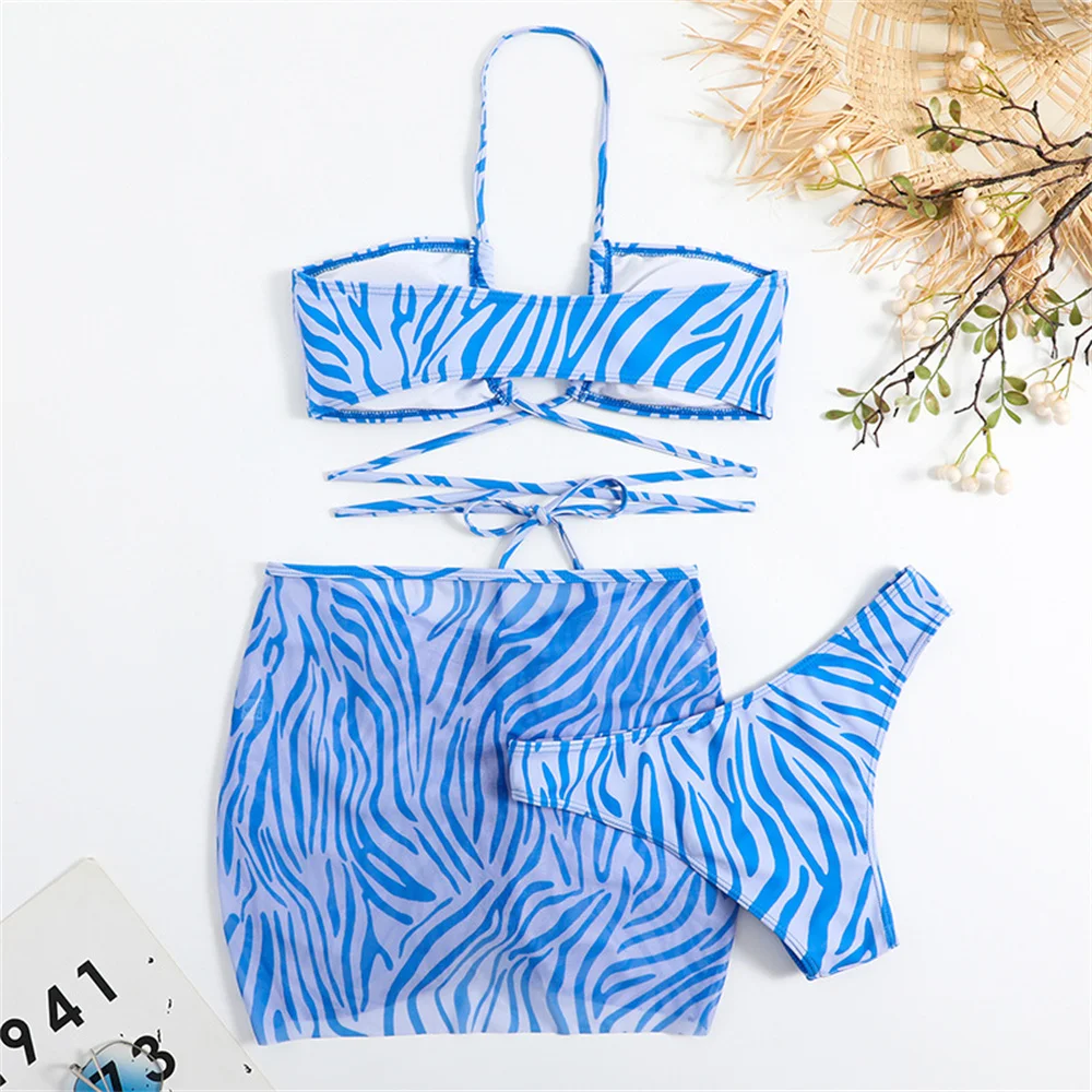 Costume da bagno sexy con stampa zebrata con coulisse scava fuori Y2K costume da bagno a fascia da donna gonna in rete costumi da bagno costume da bagno per le vacanze vestito da spiaggia
