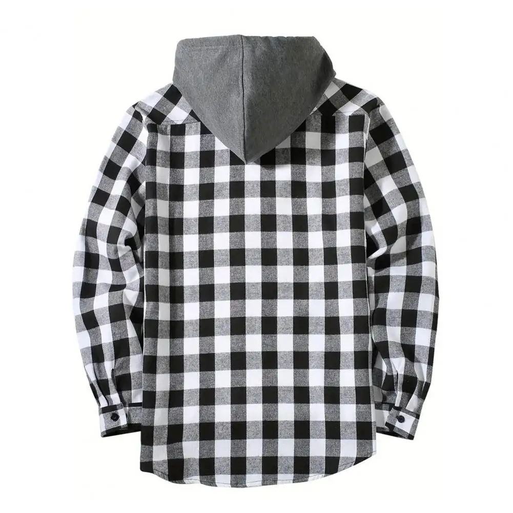 Men Warm Flannel Shirt Men's Plaid Print Hooded Shirt Coat for Daily Wear School Long Sleeves Drawstring Single-breasted Fall