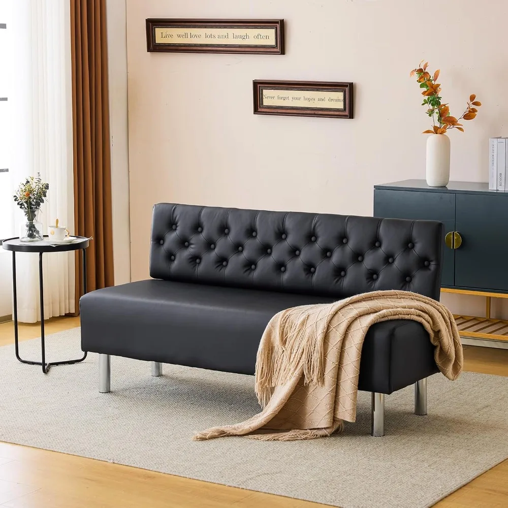 OmySalon Waiting Room Bench with Back 58.6'' Upholstered Reception Seating Button Tufted Black