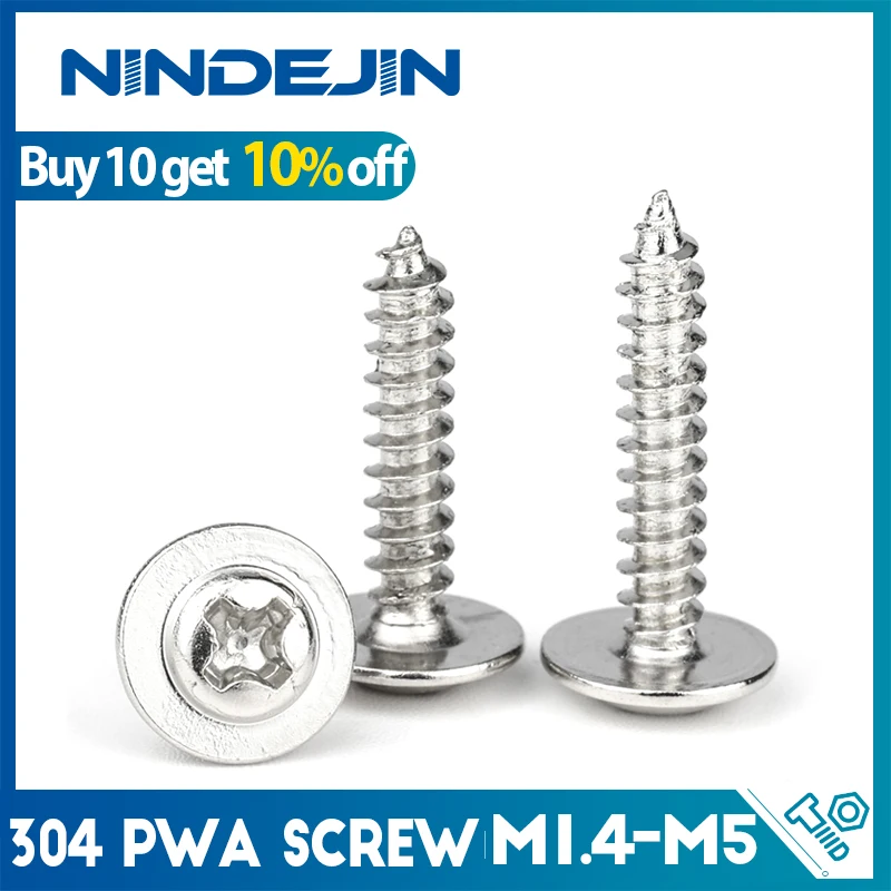 

NINDEJIN Phillips Round Washer Head Tapping Screw M1.4-M5 Stainless Steel Cross Round Head With Pad Self Tapping Screw PWA