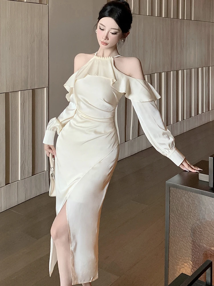 Autumn Winter White Satin Ruffled Neck-mounted Sexy Dress Women Elegant Luxury Evening Dress 2025 Korean Vintage Bodycon Dresses