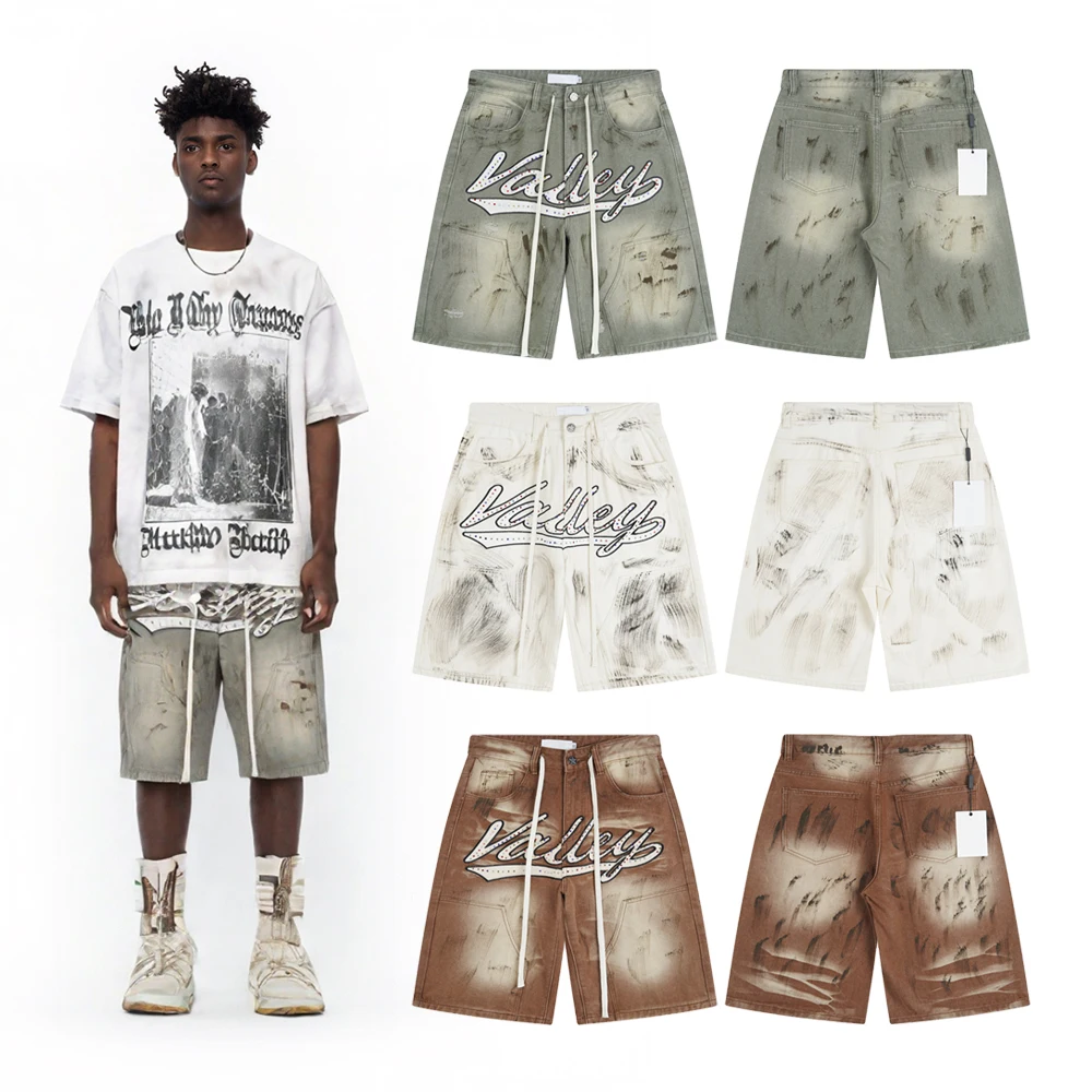

Hip Hop Street Wear Clothing Men's Distressed Embroidery Shorts Jeans with Rhinestones Casual Retro Vintage Jeans Shorts for Men