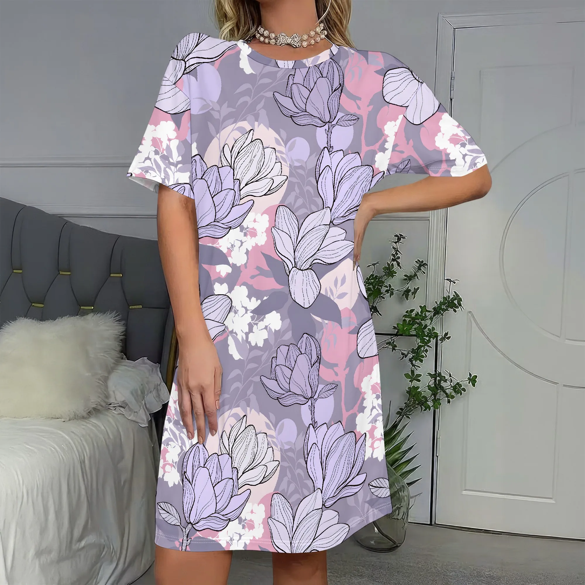 

Purple Floral Print, Short Sleeve Dress, Loose Fit Tunic, Casual Summer Wear, Beach Vacation Outfit, S-2XL