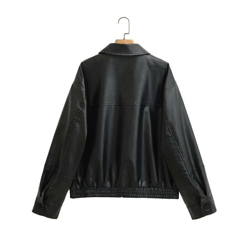 New 2025 Autumn Women's Fashionable Leather Pilot Jacket Collar Outerwear Versatile Long Sleeve Zipper Closure  Color