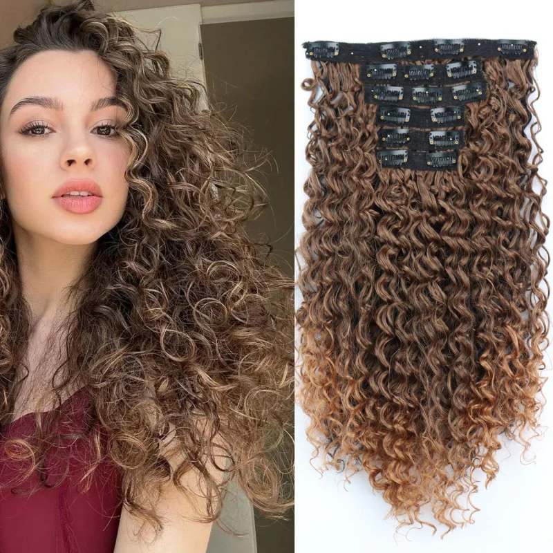 European and American style clips 6-piece set 26-inch hair extensions fluffy black small curly long synthetic fiber wig