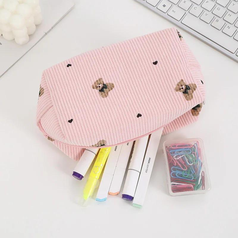 Korean Corduroy Bow Makeup Bag Pouch Portable Large Capacity Toiletry Bag Travel Organizer Student Bear Printed Pencil Case