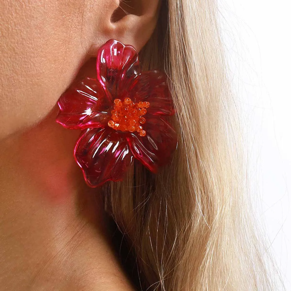 Translucent Red Flower Stud Earrings Beaded Center Tropical Beach Vacation Jewelry Bold Summer Floral Ear Accessories