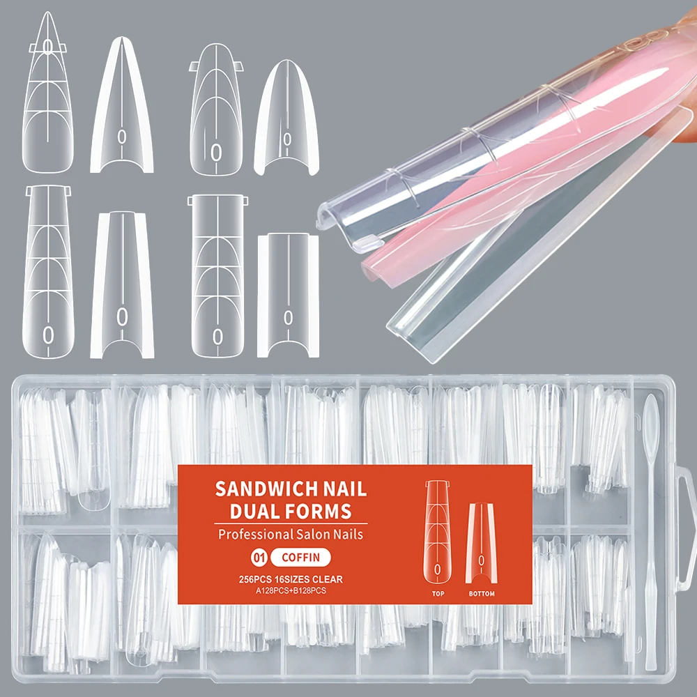 

256Pcs Top & Bottom Sandwich Dual Nail Form Oval/Coffin/Stilettos Nail Mode Quickly Building Gel Form Acrylic Nail ExtensionForm