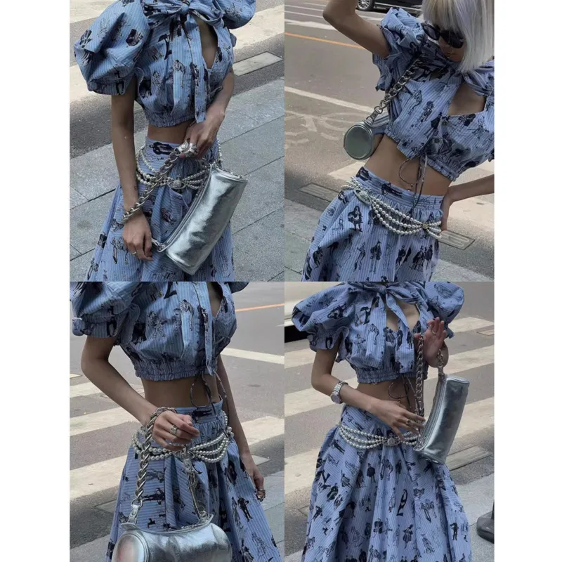 Blue Lace Up Dress Set Women Korea Print Top Half Skirt Patchwork High Street Dopamine Pants Set Loose High Quality 2 Piece Set