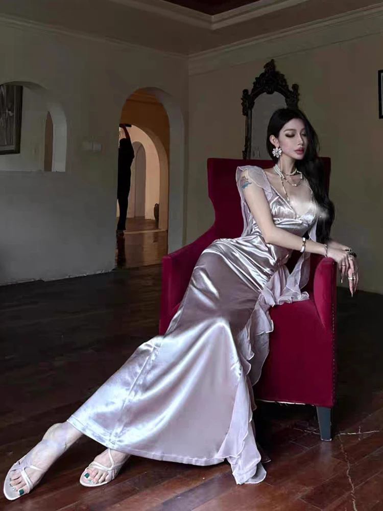 RORORIRI fluide à volants point Satin robe Camisole femmes désir diamant col en v plissé fendu moulante longue robe Sexy robe de soirée