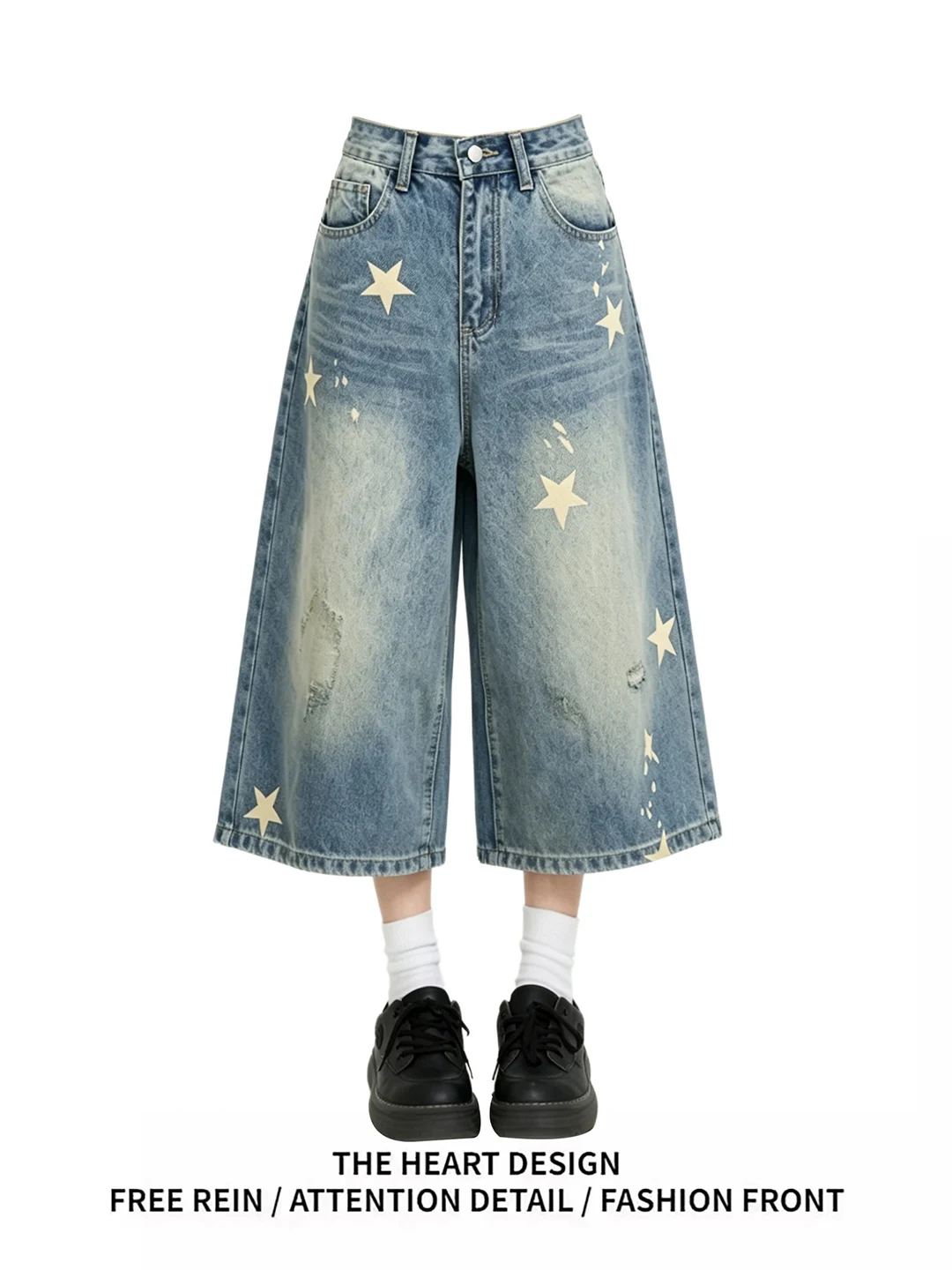 

Retro American Star Print Distressed Denim Shorts Women's Summer Loose High Waist Wide Leg Pants Seven Eight Length Jeans
