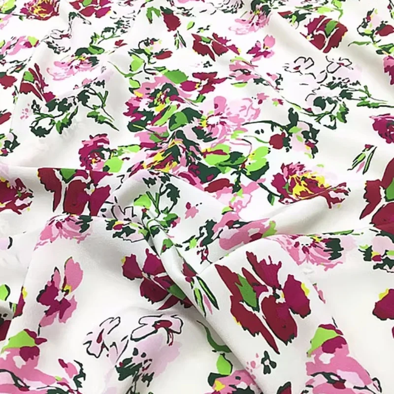 

Ткань из 100% тутового шелка, креп-шелковая ткань 16 Momme, белая, с большим цветочным принтом, ширина 133 см, 52 дюйма, по дворам, XL292