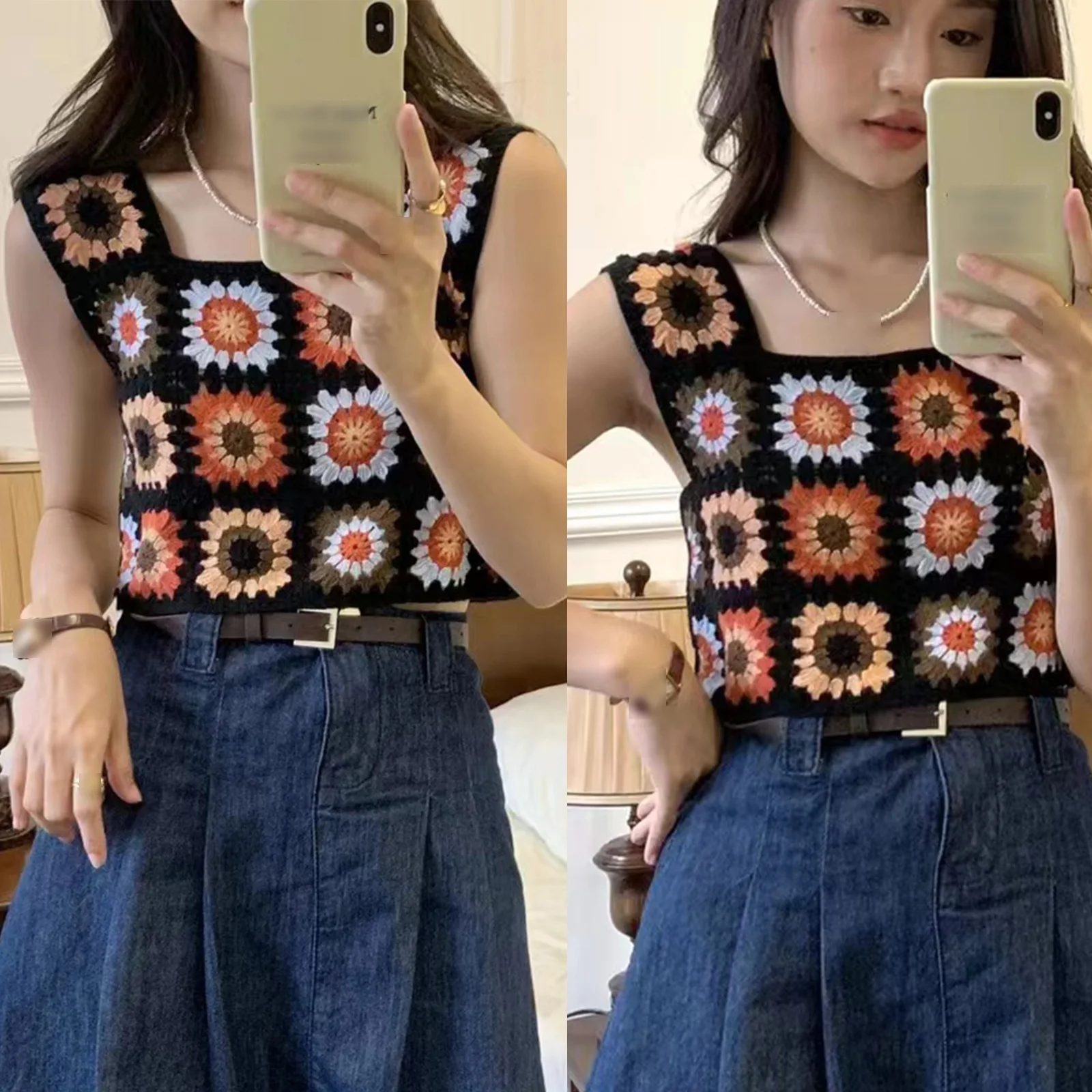 Women Floral Embroidery Camisole Crop Top Summer Cotton Crochet Sweet Tops Sleeveless for Daily Wear Beach Date Shopping