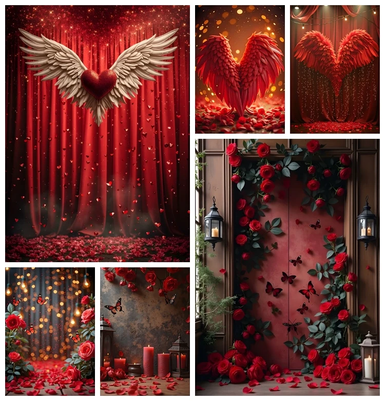 Laeacco Happy Valentine's Day Photography Backdrop Red Love Shape Petals Feather Wings Proposal Party Decor Portrait Photo Props