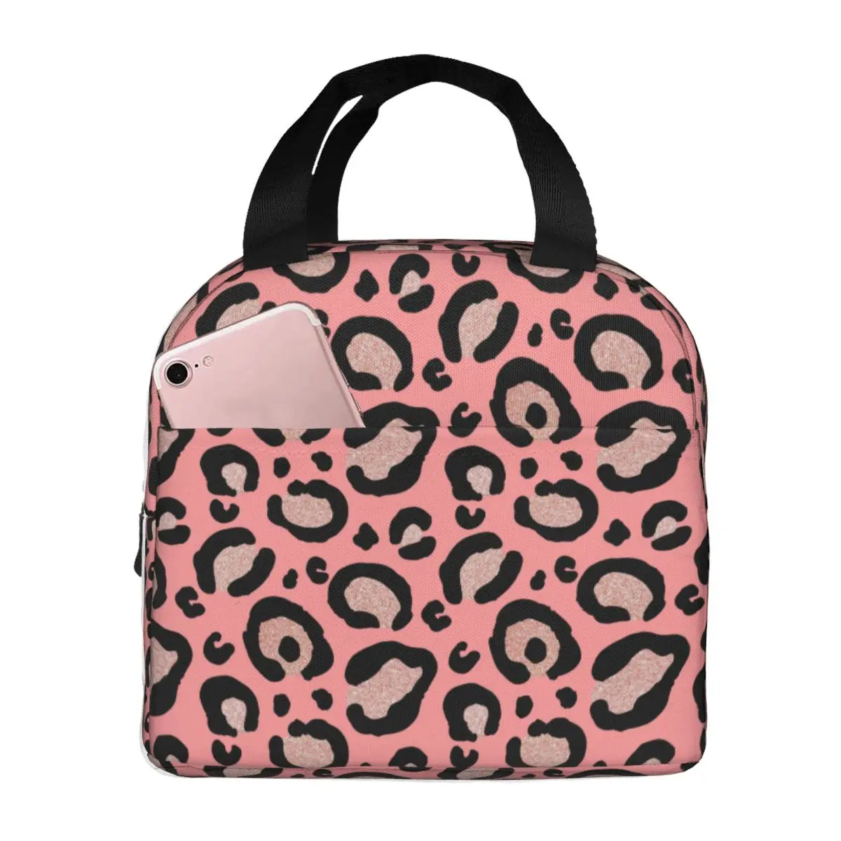 Pink Leopard Print Lunch Bag Women Warm Cooler Insulated Lunch Box for School
