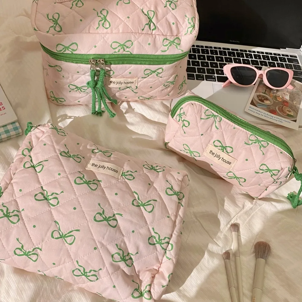 Ins Bowknot حقيبة مستحضرات تجميل مبطنة متعددة الوظائف سعة كبيرة حقيبة تخزين مستحضرات التجميل لينة المحمولة القرطاسية حقيبة التخزين السفر #3