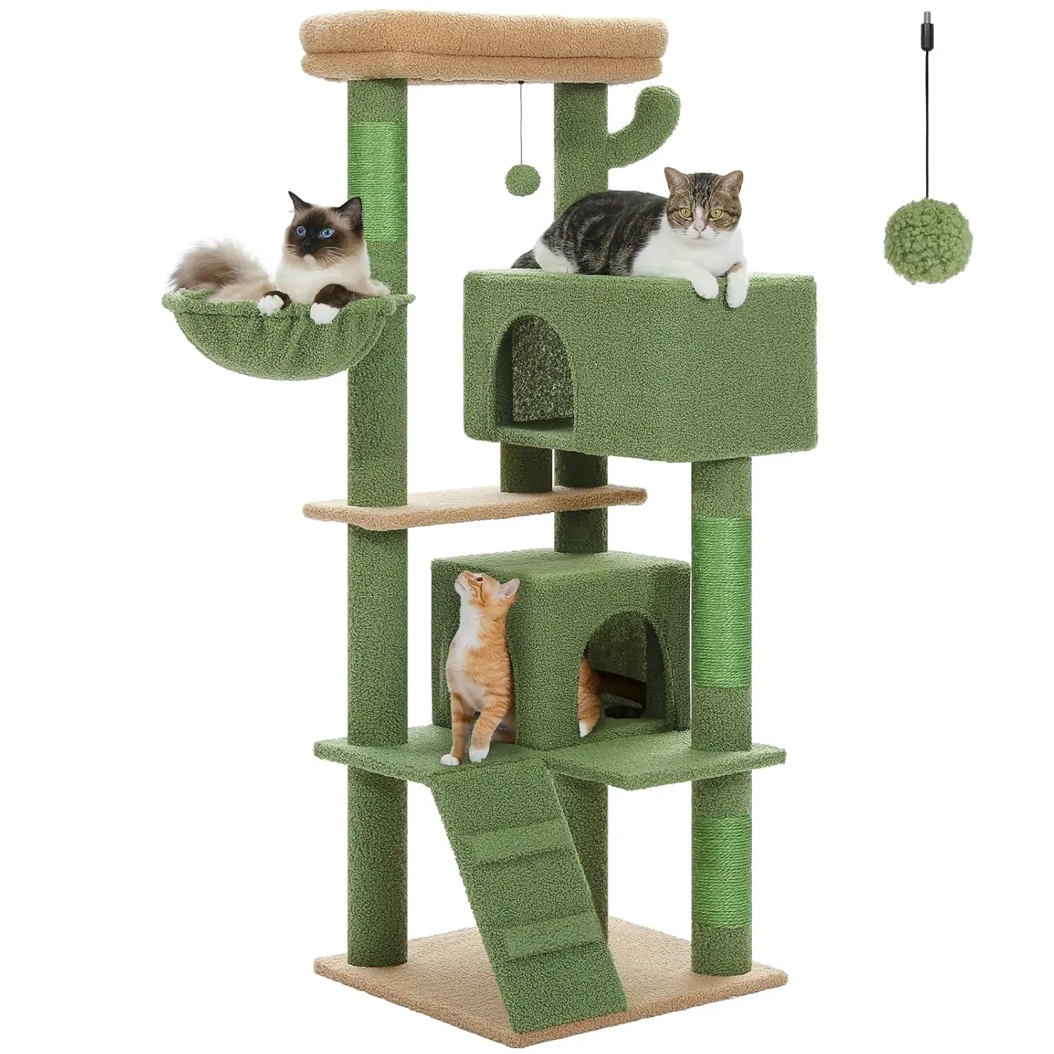 

Многоуровневая кошачья стойка-дерево Cactus для домашних кошек, 56,3 дюйма, с 2 уютными домиками и просторной верхней площадкой, на заказ