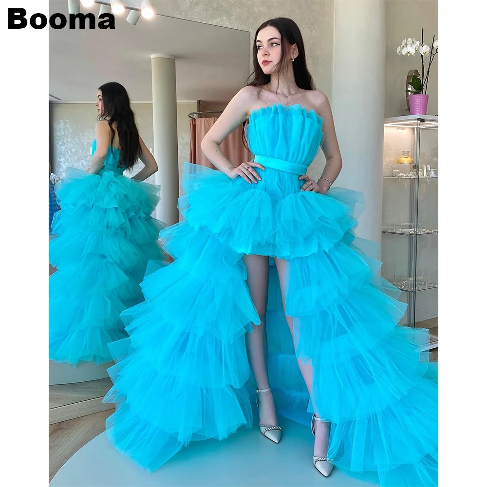 

Booma Blue High Low Prom Dresses Strapless Pleat Tiered Tulle Evening Dresses Homecoming Graduation Party Dress Abendkleider