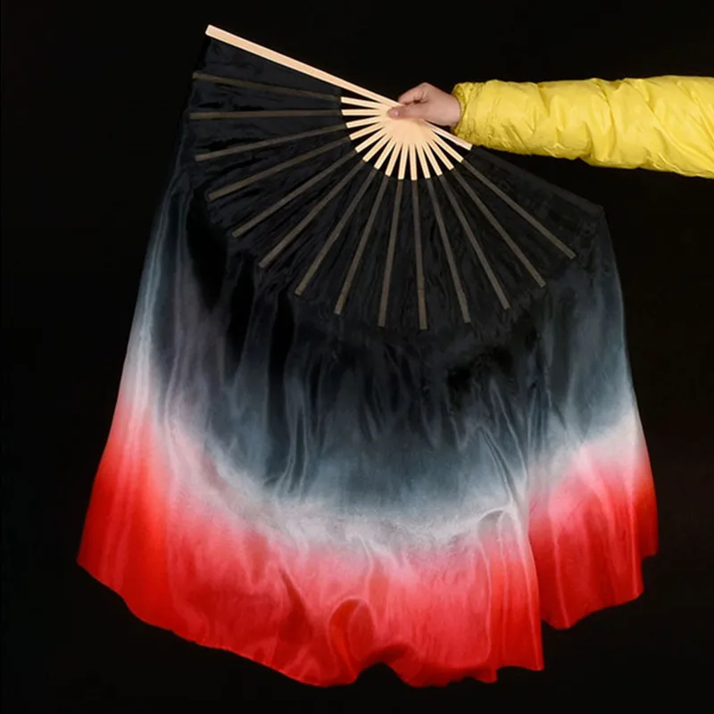 New Black Red Gradient Yangko Dance Fan Real Silk Veil Bamboo Ribs Double Sided 1 Pair Stage Show Props Performance Short Fan