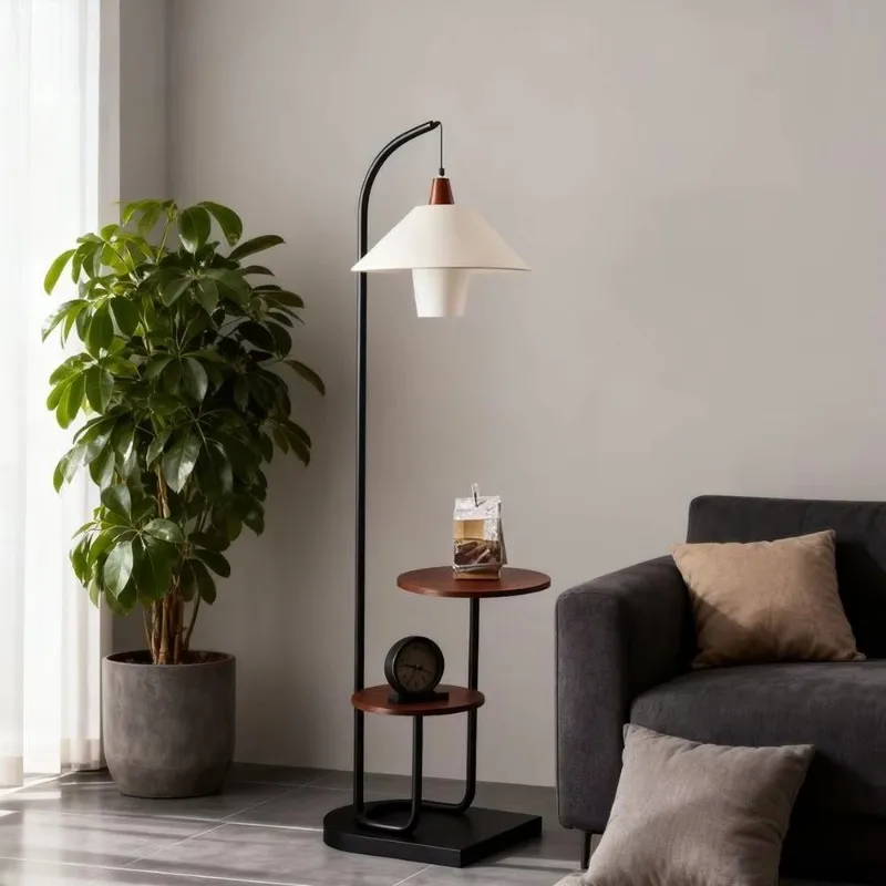 Wholesale factory price Wood and metal floor lamps with shelves and fabric shades