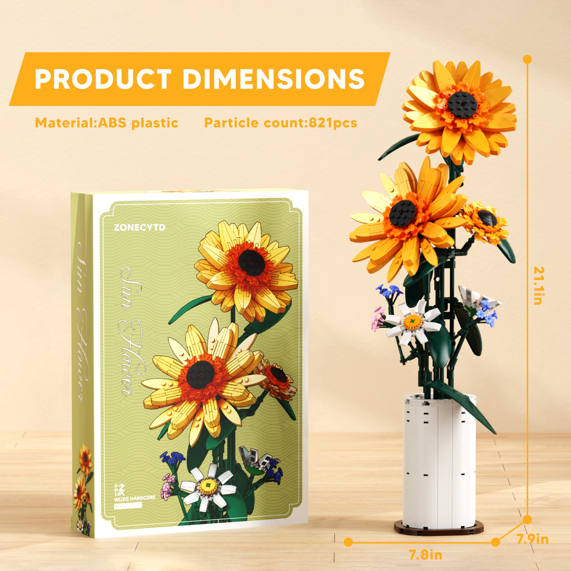 مجموعة مكعبات بناء الزهور مع مزهرية، ورود عباد الشمس، باقة اصطناعية، مجموعة طوب للنساء والفتيات والكبار هدايا عيد الميلاد #6