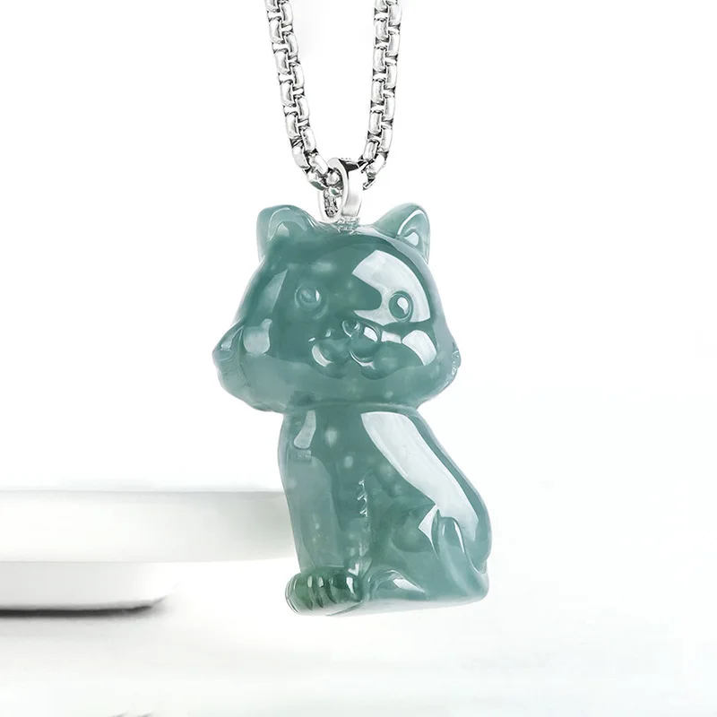 Genuine Natural Emerald Blue Water 3D Cat Cartoon Ice Cute Jade Pendant for Men and Women