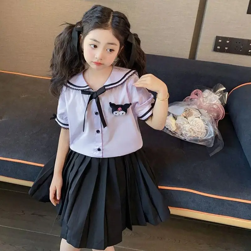 Cute Cartoon Kawaii Sanrioed Children's Japanese Jk Sailor Uniform Kuromi Summer Uniform Girl College Style Pleated Dress Set