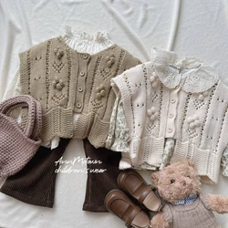 Fall Clothes for Baby Girls French Rural Style Floral Lapel T-shirt Three-dimensional Crochet Waistcoat Toddler Sweater Vest