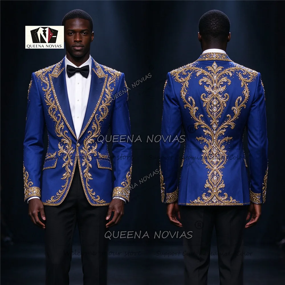 Exquisite Gold Beaded Stones Suits Men For Wedding Single Breasted Jacket With Black Trousers 2 Pieces Victorian Groom Tuxedos