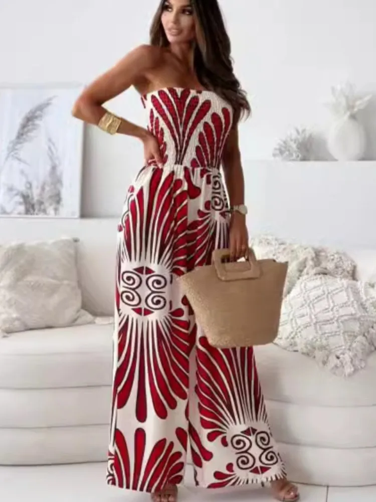 Elegant Women Print Jumpsuit Spring Summer Sexy Off Shoulder Strapless Strapping Waist Cinching Romper Wide Leg Bodysuit Street