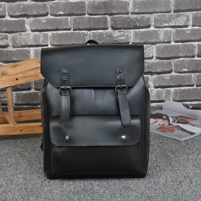 Vintage Men PU Leather Backpack Bookbag Fit 14 inch Laptop Flap Waterproof Utility Large Capacity Rucksack Hiking Business Work