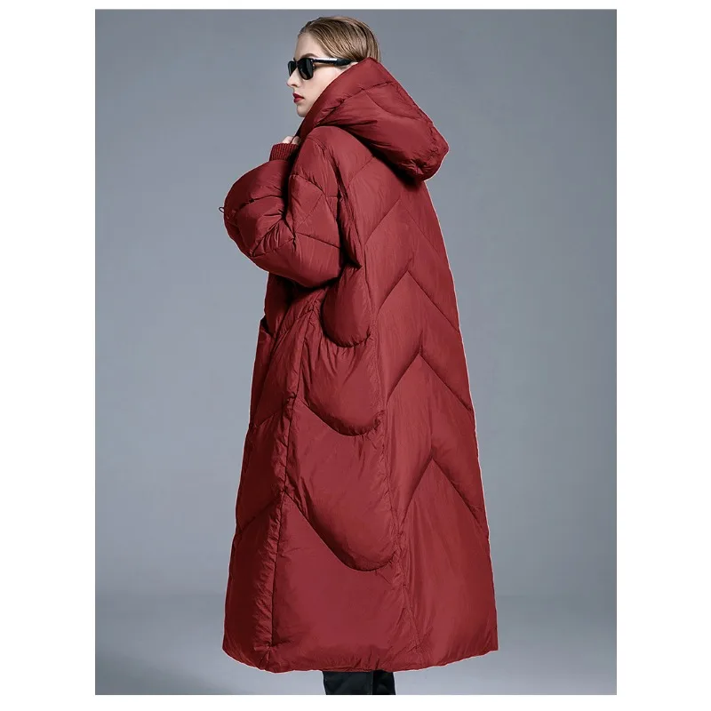 Luxury High Quality Oversized 90% Down Trench Coat Winter Warm Hooded White Duck Down Coat Thick Down Long Puffer Jacket Trendy