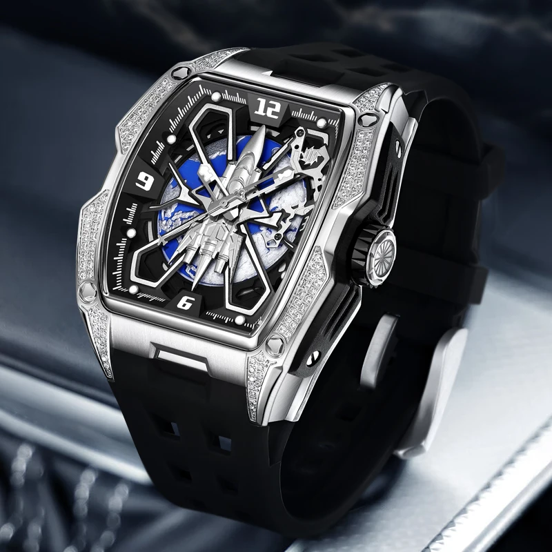 HANBORO-Reloj Automático para hombre, pulsera mecánica de lujo, caja Tonneau luminosa, resistente al agua hasta 50M, Fondo de planeta que puede rotar, 52mm