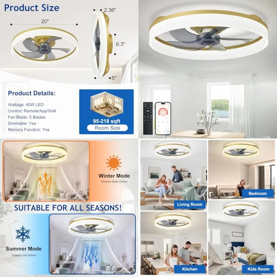 DLLT LED Ceiling Fan with Light: 20" Modern Low Profile Flush Mount Fandelier with App and Remote Control - Dimmable Bladeless