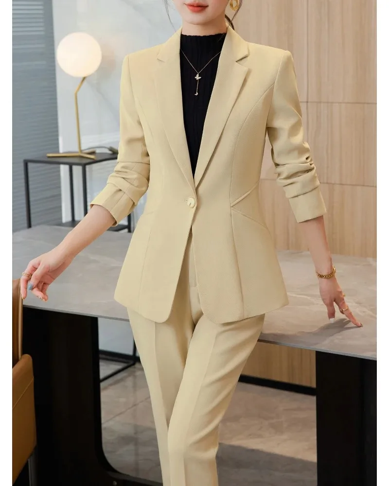 Women Office Ladies Blazer Pant Suit Female Business Work Wear Jacket+Trouser Green Blue Apricot Black Formal 2 Piece Set Coat