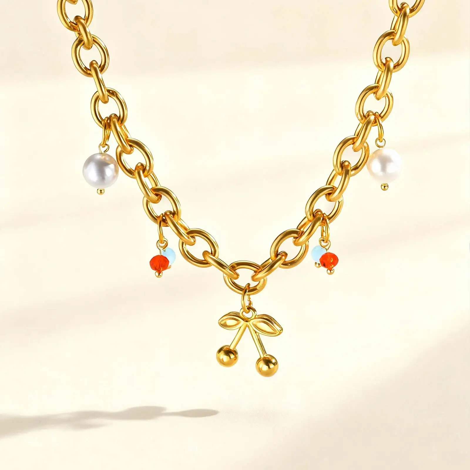 

Chunky Chain Stainless Steel Necklace for Women,Cherry Imitation Pearl Crystal Bead Necklaces,Fashion Charm Jewelry Gift