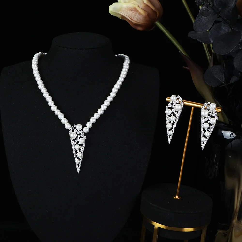 

HIBRIDE European and American exquisite sliver color pearl necklace earrings women's daily decorative jewelry wedding gift 1076