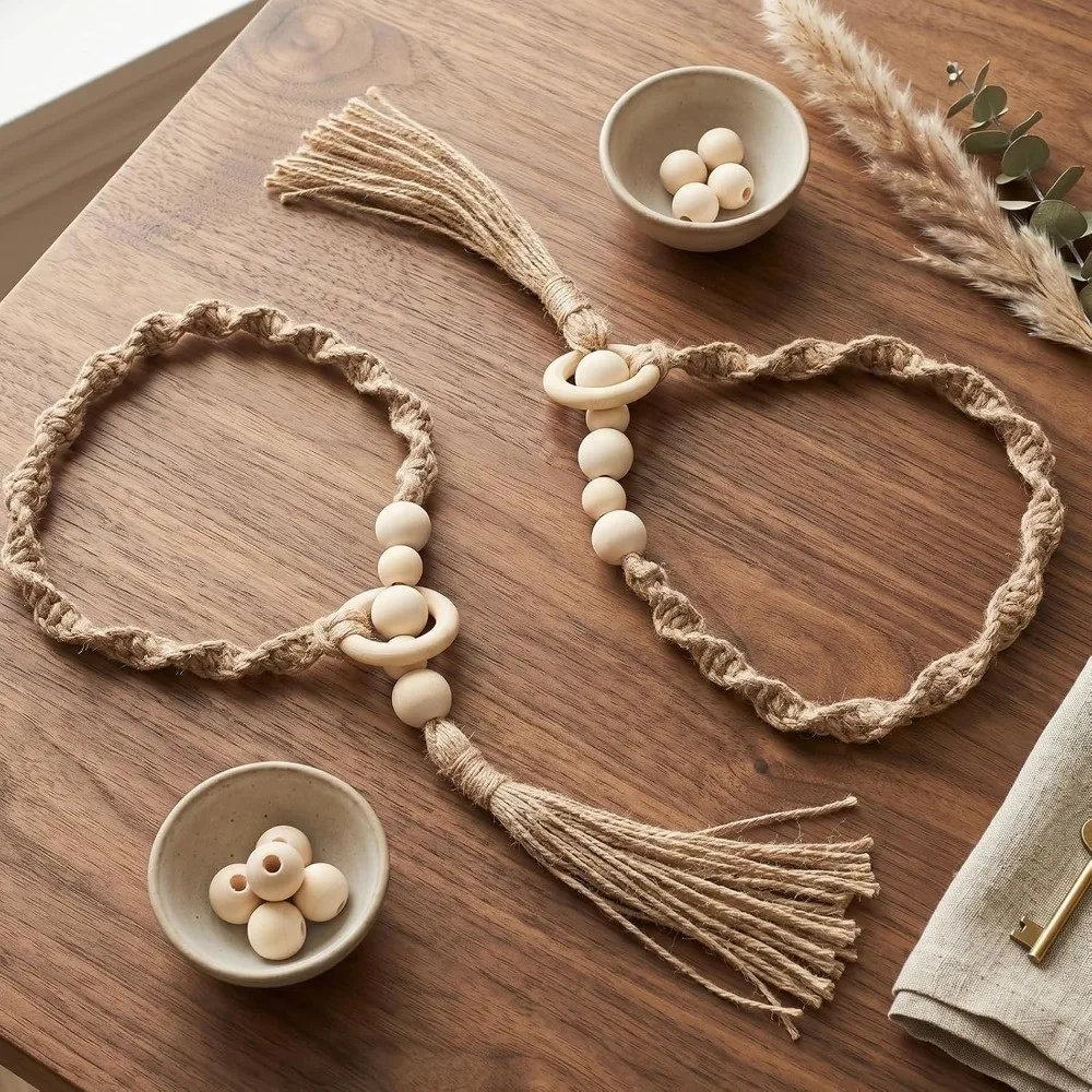 Elegant Curtain Tiebacks Boho Style Handmade Curtain Holdbacks Rope Design with Wooden Beads Drape Tie Backs Bedroom Decor