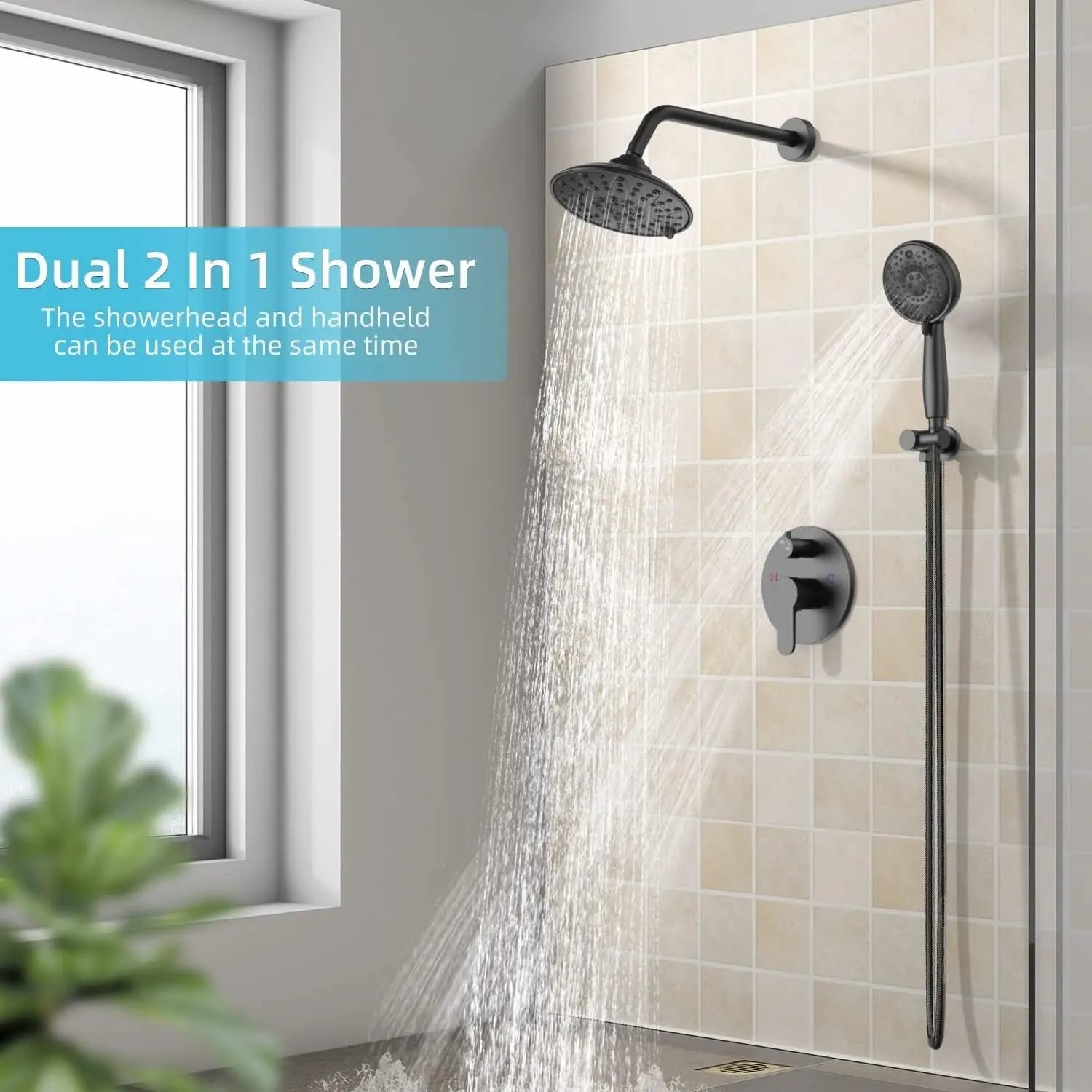 Black Shower Faucets Sets - Overhead Rain Head Shower System with 8-Mode High Pressure Handheld Complete