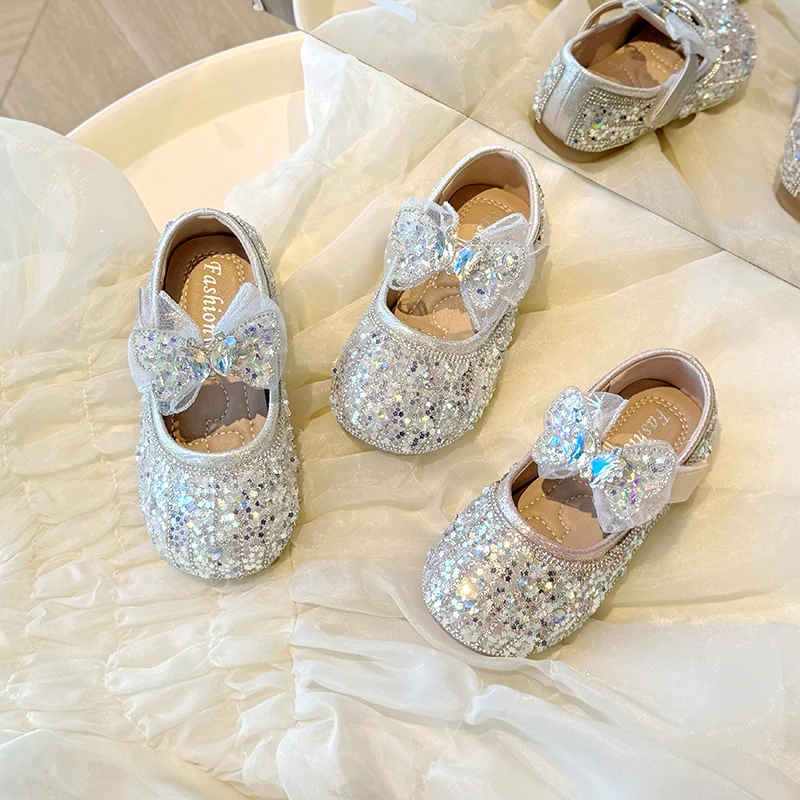 Children\'s Summer Fashion Sequined Shoes Girls Cute Rhinestone Pearl Bowknot Princess Shoes Wedding Shoes Flat Heel Sandals