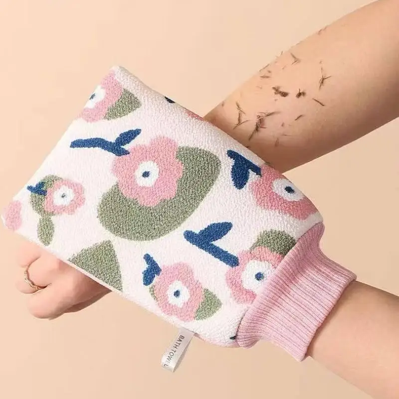 Floral Print Exfoliating Bath Glove Elastic Cuff Body Scrub Mitt for Shower Dead Skin Removal