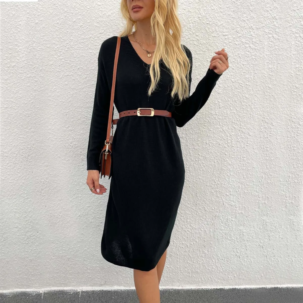 Women V Neck Long Sleeve Sweater Dress Spring Summer Knit Dress Pullover Tunic Top Jumpsuit Playsuit Matching Set