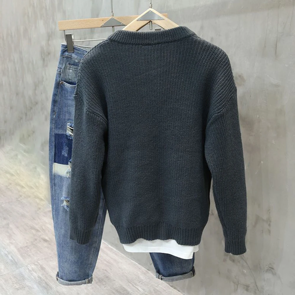 Men's Casual Sweater Fashionable Retro American Style High Street Solid Color Henry Collar Pullover 2024 Spring And Autumn