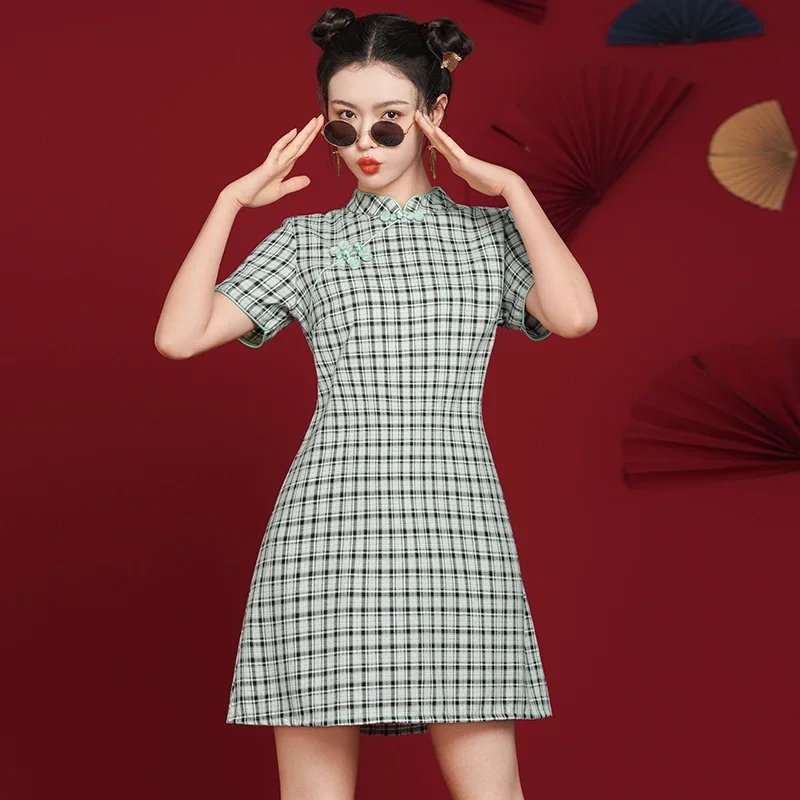 

Chinese Style Dress Fashion Loose Plaid Qipao Party Dress 2025 Summer Women's Short Sleeves Cheongsam