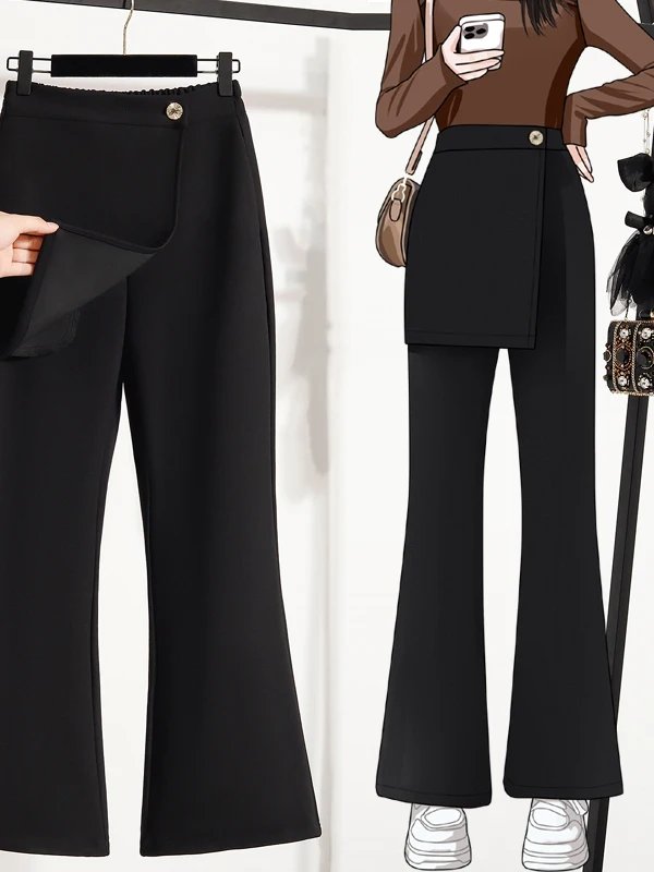 Authentic Fall New plus Size Black Elastic Waist Casual Skirt Pants Women's Pants Flared Legs High Waist Polyester Cotton Blend
